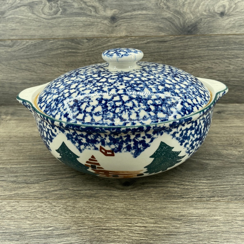 Tienshan Casserole Dish Unisex 9.5in Blue Cabin in the Snow Spongeware Stoneware